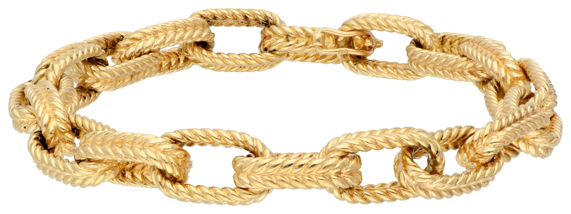 18K Yellow gold anchor link bracelet with braided details.