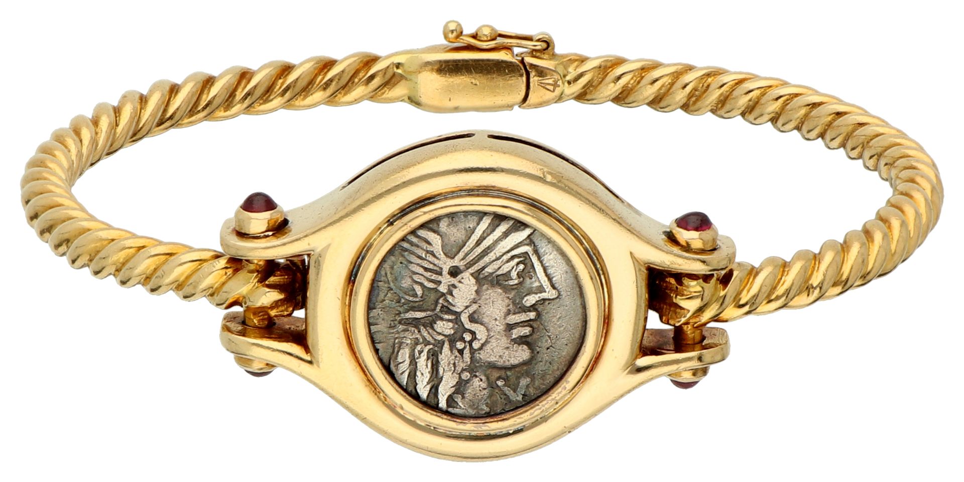 18K Yellow Gold bangle with antique silver Roman Denarius coin.