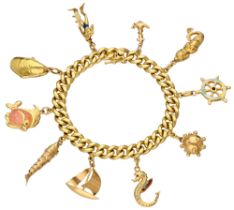 18K Yellow gold maritime gourmet charm bracelet including ten charms.