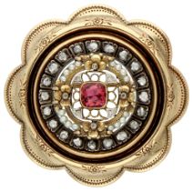 Gold / silver brooch set with approx. 0.70 ct topaz, diamond and seed pearl.