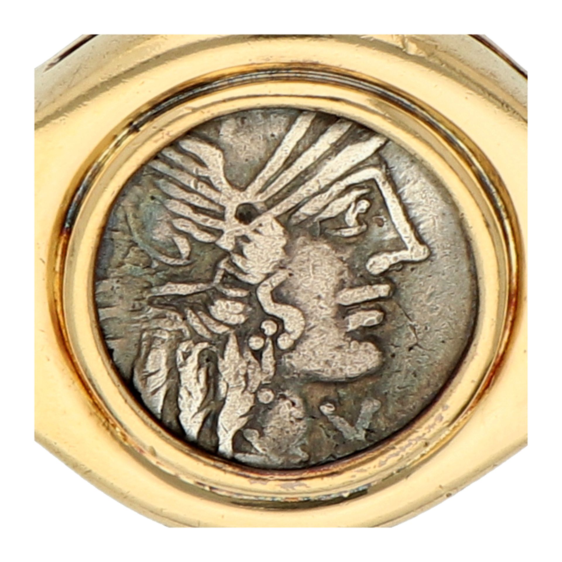 18K Yellow Gold bangle with antique silver Roman Denarius coin. - Image 2 of 3