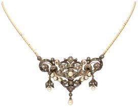 20K Yellow gold / silver Portuguese necklace set with cultivated pearls and rose cut diamonds.
