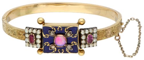12K Yellow gold bangle bracelet set with opal, diamond, ruby, seed pearl and blue enamel.