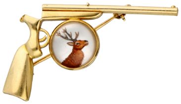 14K Yellow Gold hunter's brooch made of rock crystals with a colored intaglio of a deer.
