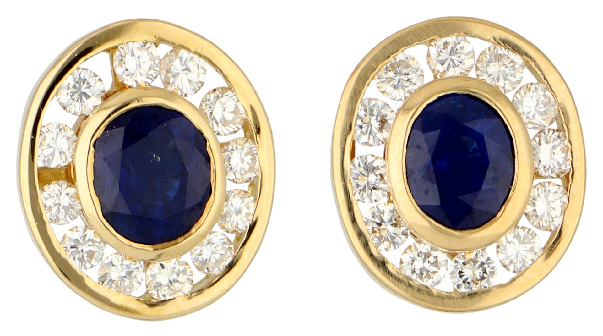 18K Yellow gold ear studs set with approx. 1.50 ct. natural sapphire and approx. 0.70 ct. diamond.