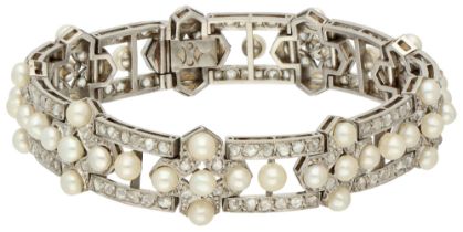 Platinum link bracelet with cultured pearl and rose cut diamonds