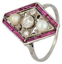 Platinum Art Deco marquise ring set with approx. 0.24 ct. diamond, ruby and cultivated pearl.