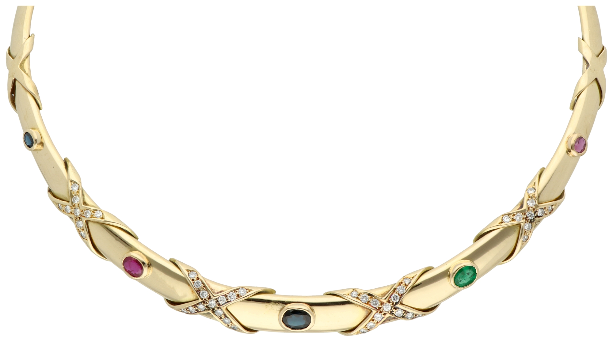 18K Yellow gold choker set with sapphire, emerald, ruby ​​and diamond