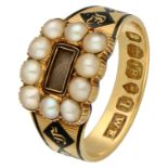 Antique English 18K yellow gold mourning ring from 1831 set with pearls, black enamel and a hairpiec