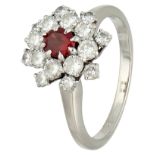 14K White gold cluster ring set with approx. 0.48 ct. ruby and approx. 1.04 ct. diamond.