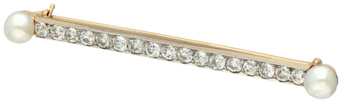 Yellow gold/platinum Art Deco bar brooch set with approx. 1.70 ct. diamond and cultured pearls.