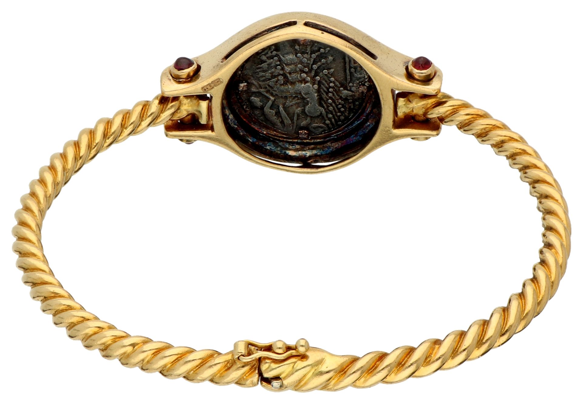 18K Yellow Gold bangle with antique silver Roman Denarius coin. - Image 3 of 3