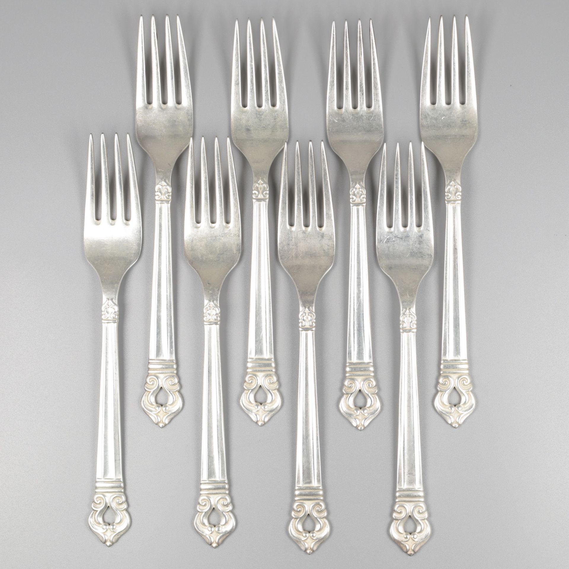 8-piece set of forks, model Royal Danish at Codan S.A. (Mexico), silver.