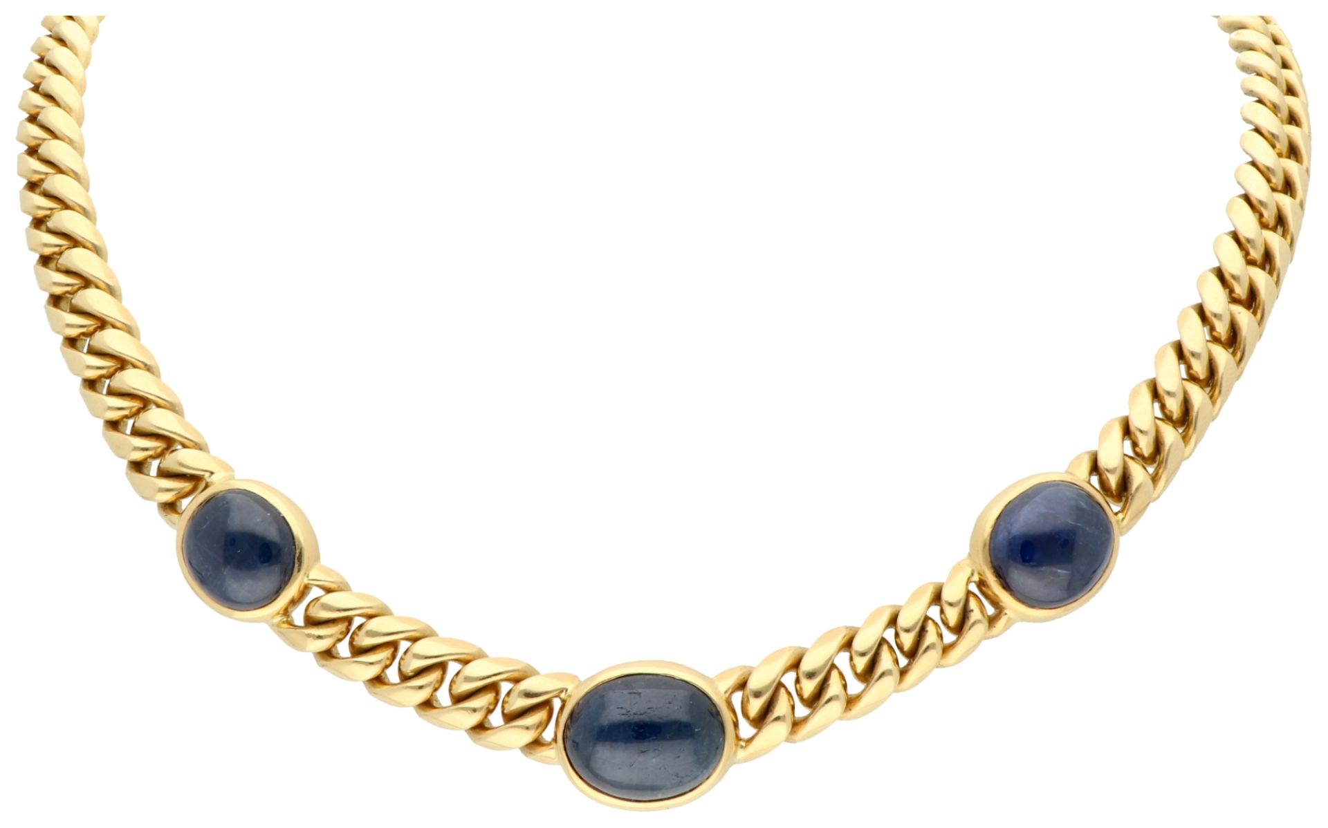 18K Yellow gold gourmet link necklace set with approx. 32 ct. natural sapphire.