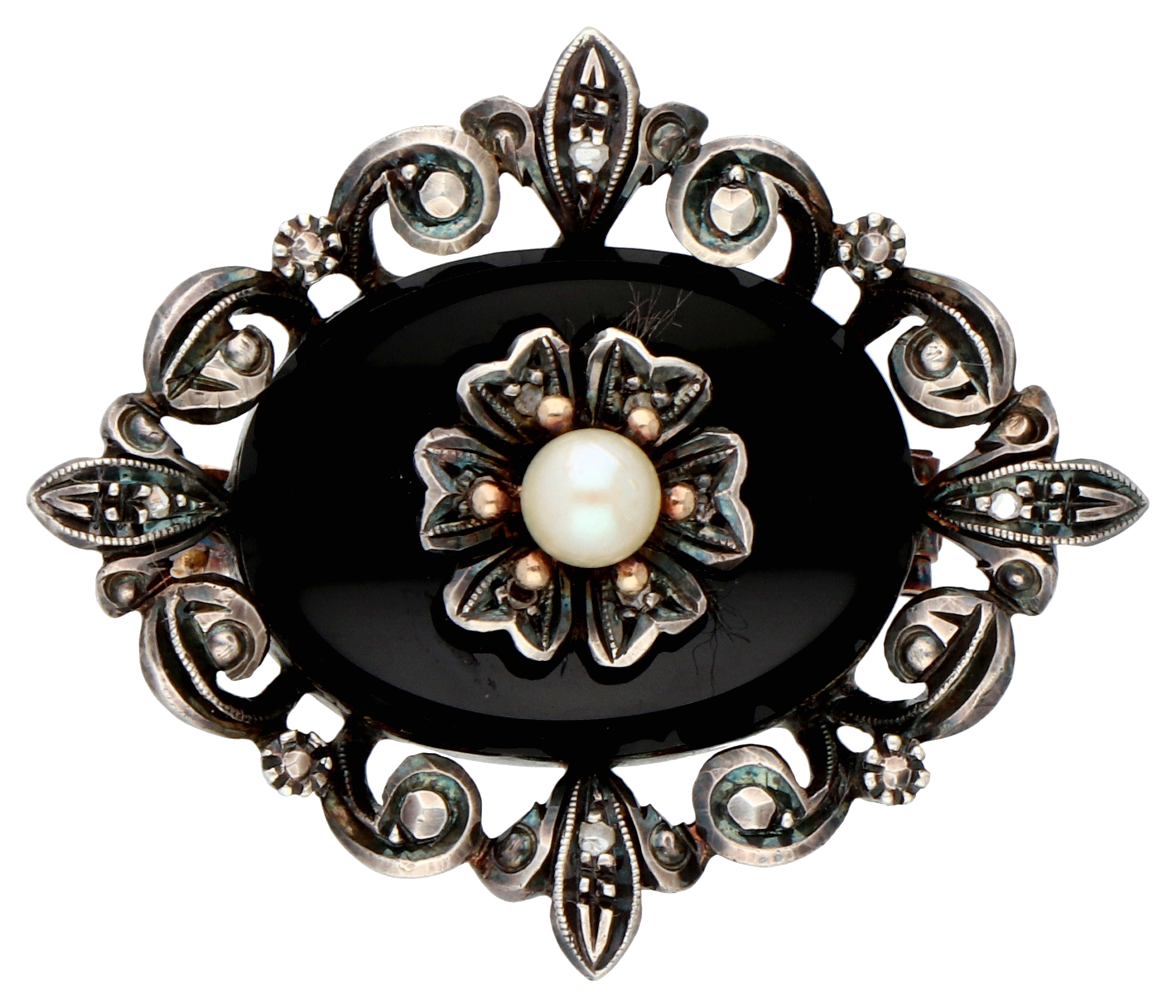 Gold/silver Portuguese brooch set with a cultivated pearl and rose cut diamonds.