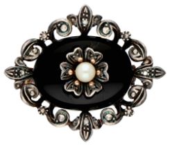 Gold/silver Portuguese brooch set with a cultivated pearl and rose cut diamonds.