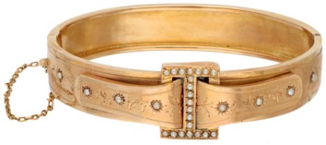 18K rose gold French antique buckle bangle bracelet with seed pearl.