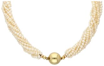 Torsade pearl necklace with 'rice crispy' pearls and 14K yellow gold ball closure.