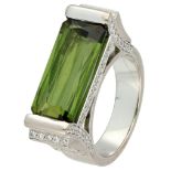 18K White gold designer ring set with approx. 6.03 ct. tourmaline and approx. 1 ct. diamond.