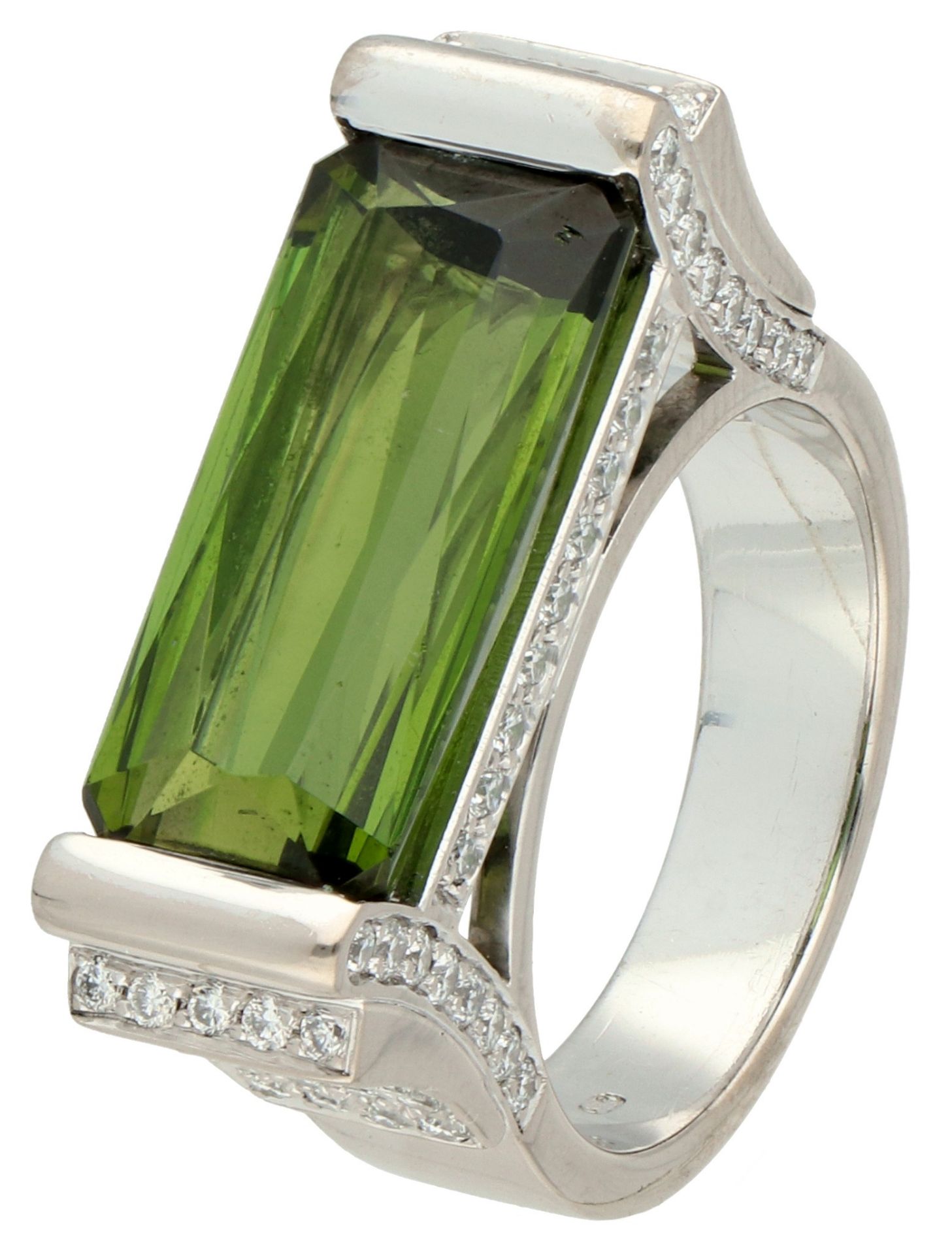 18K White gold designer ring set with approx. 6.03 ct. tourmaline and approx. 1 ct. diamond.