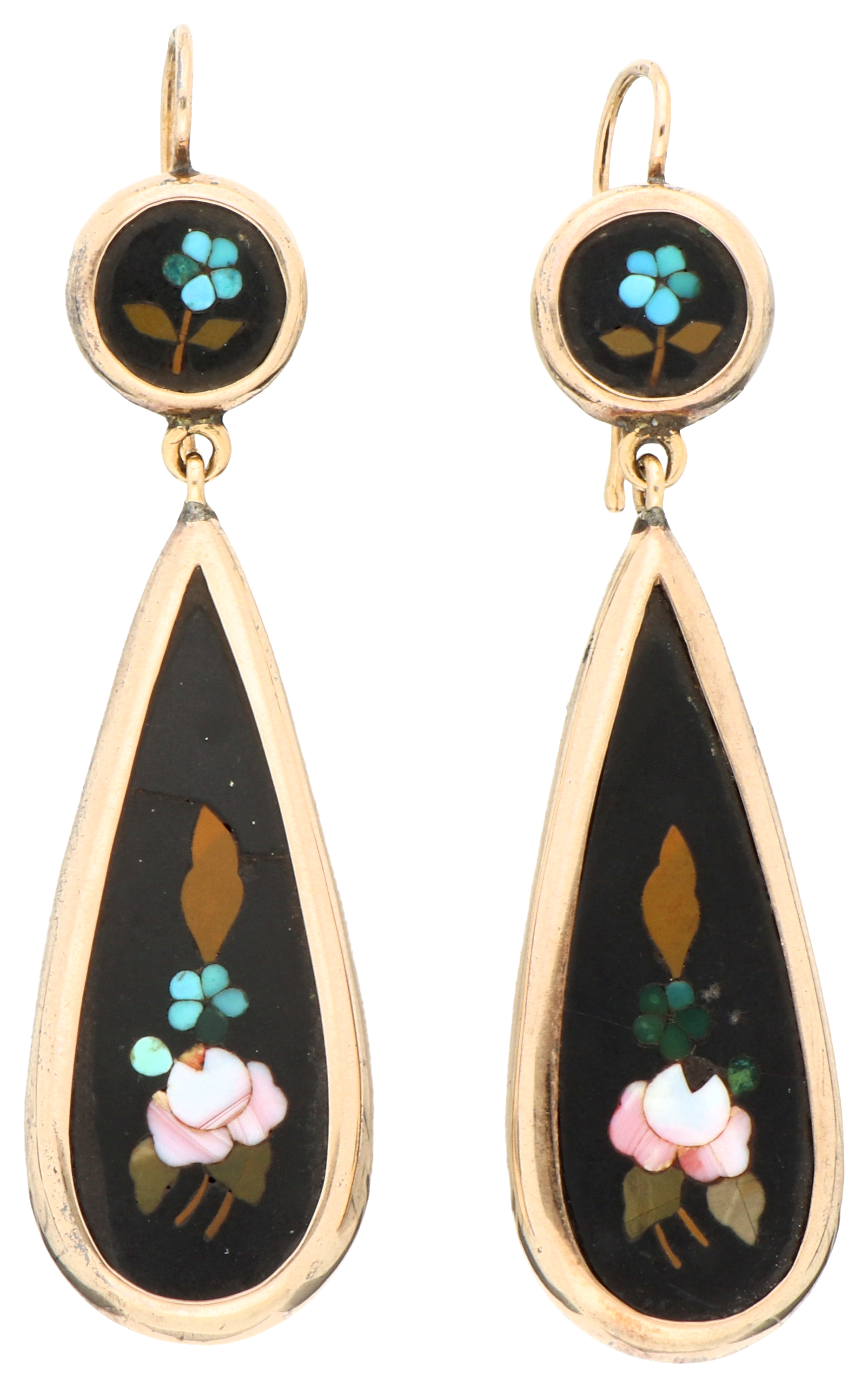 No Reserve - 12K yellow gold earrings with pietra dura.