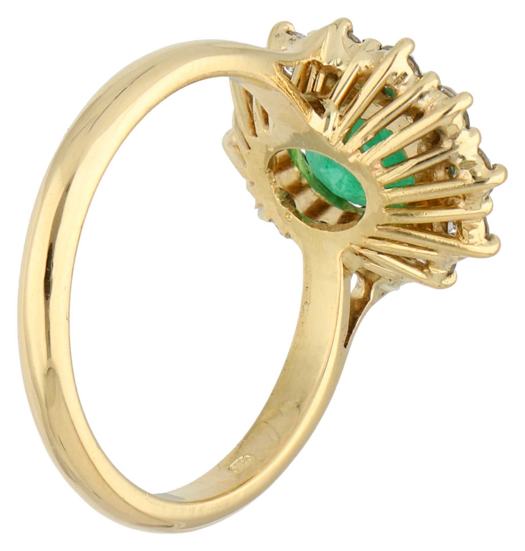 No Reserve - 18K Yellow gold cluster ring set with approx. 1.11 ct. emerald and approx. 0.60 ct. dia - Bild 2 aus 2
