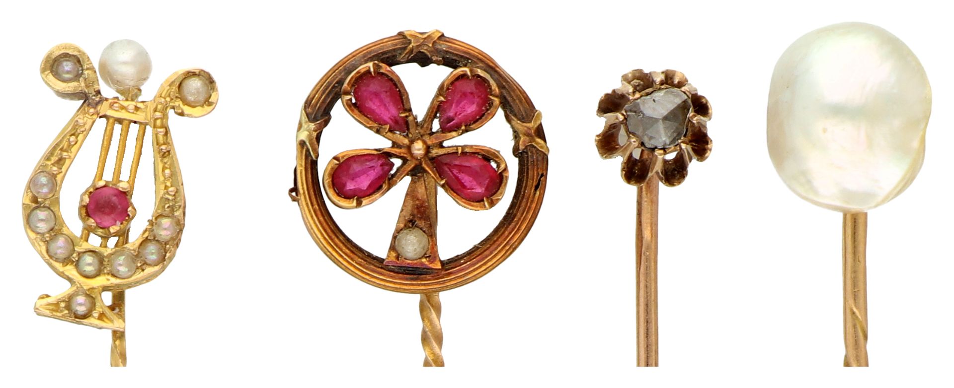 No Reserve - Lot of four antique 14K yellow gold lapel pins set with various gemstones and a baroque - Image 2 of 3