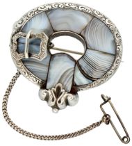 No Reserve - Antique silver Scottish pebble brooch with agate band.