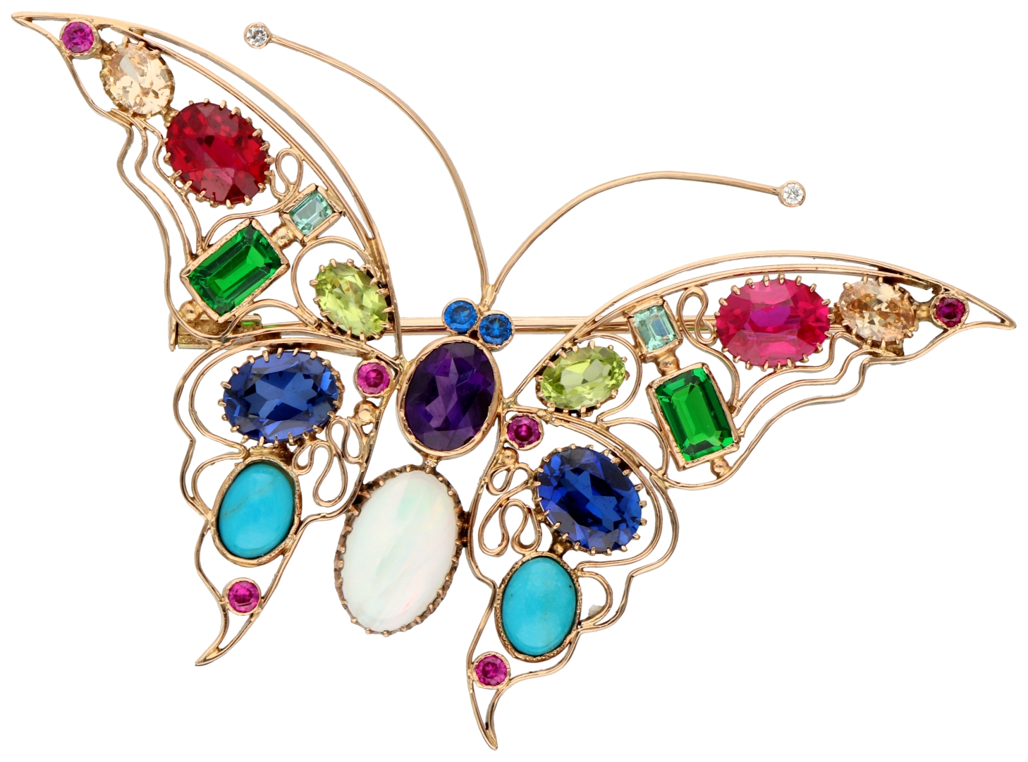 No Reserve - 14K Yellow gold butterfly brooch with various gemstones.