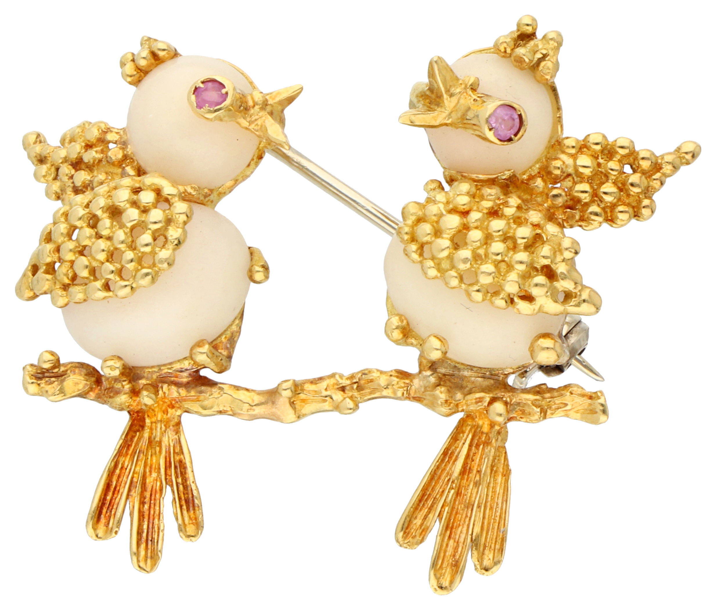 No Reserve - Italian 18K yellow gold brooch of two singing birds on a branch.