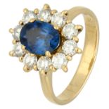 No Reserve - 18K yellow gold entourage ring set with approx. 0.40 ct. synthetic sapphire and diamond