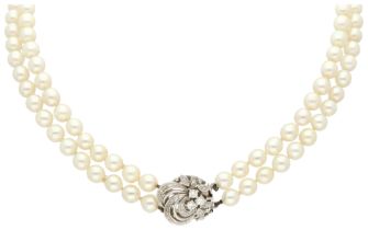 No Reserve - Two-row cultivated pearl necklace set with 14K white gold clasp with approx. 0.16 ct. d