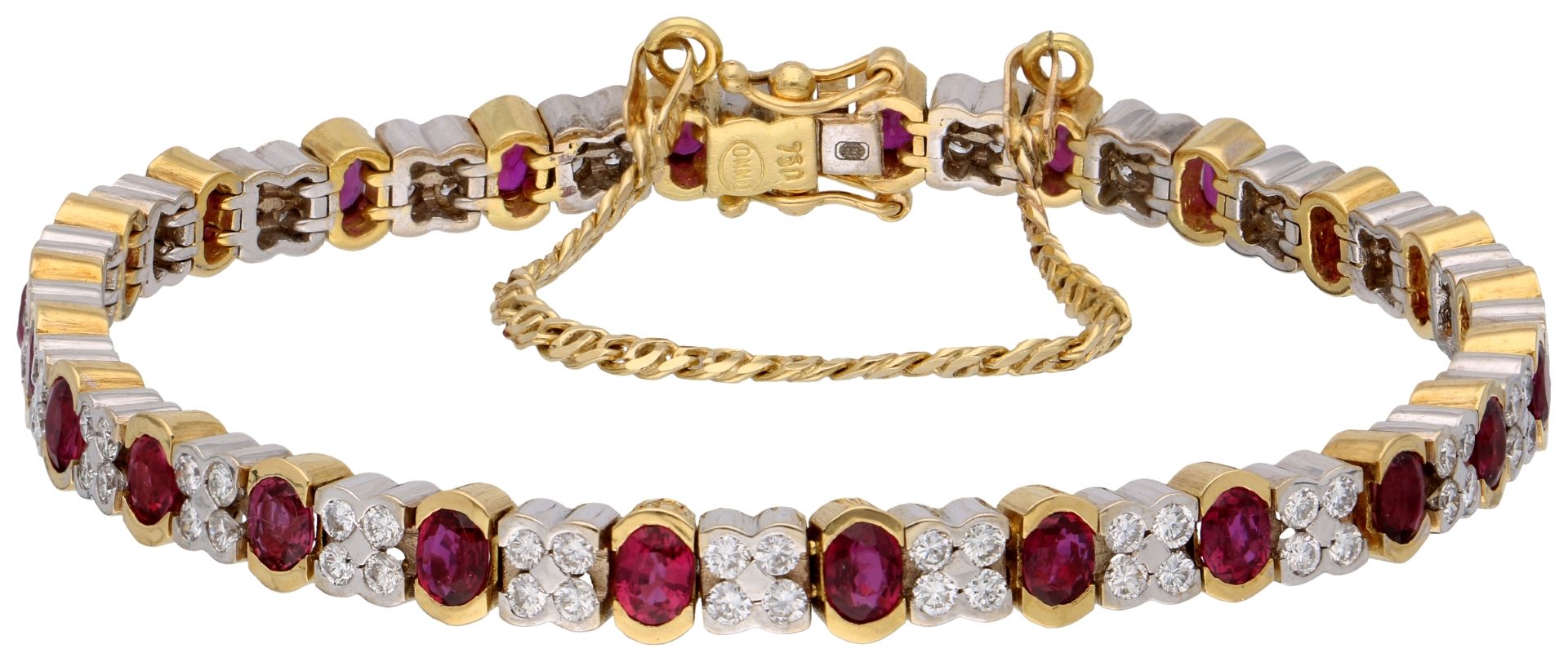 No Reserve - 14K Bicolour gold tennis bracelet with natural ruby ​​and diamond.