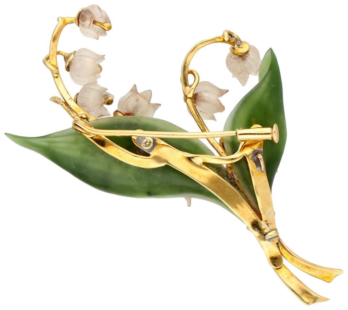 No Reserve - 18K Yellow gold Lily of the Valley brooch of carved jadeite and rose quartz - Image 2 of 3