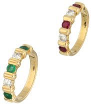 No Reserve - Two 18K yellow gold demi-alliances rings with diamond, ruby ​​or emerald.