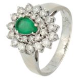No Reserve - 18K White gold entourage ring set with approx. 0.42 ct. emerald and diamonds