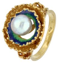 No Reserve - Handmade 18K yellow gold enameled 1970s ring with cultivated pearl.