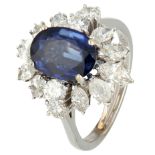 No Reserve - 14K White gold entourage ring set with approx. 3.30 ct. natural sapphire and diamond.