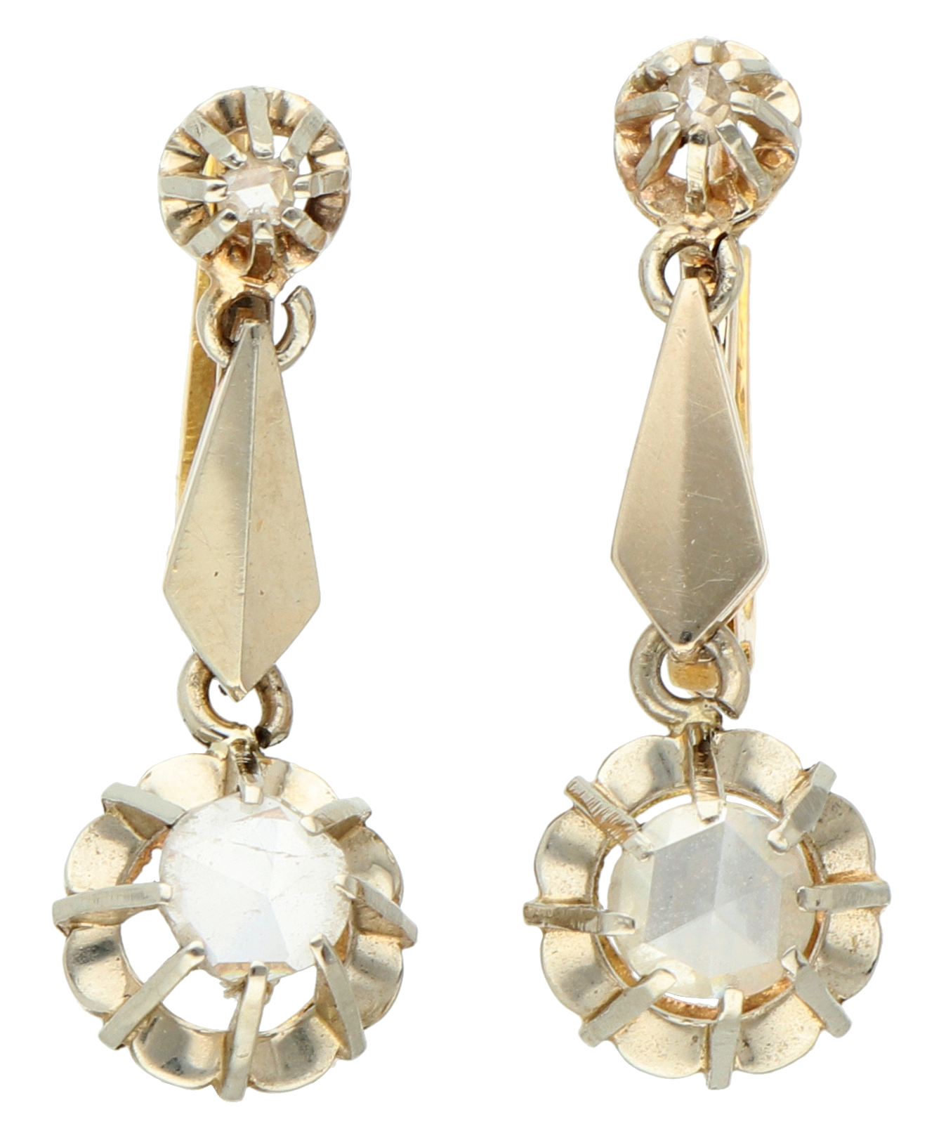 No Reserve - 18K Bicolor gold antique dormeuse earrings set with rose cut diamonds in antique prong 