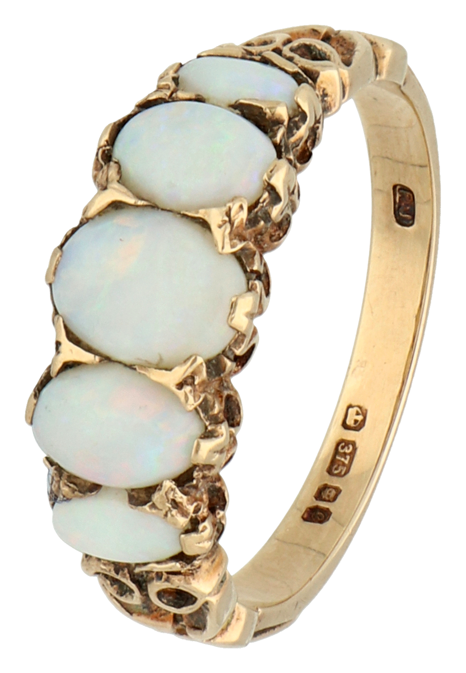No Reserve - 9K Yellow gold five row ring with cabochon cut opals.