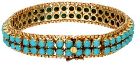 No Reserve - 14K Yellow gold flexible bracelet with synthetic turquoise.