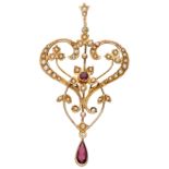 No Reserve - English 9K yellow gold lavaliere pendant with seed pearls, glass pearls and garnet.