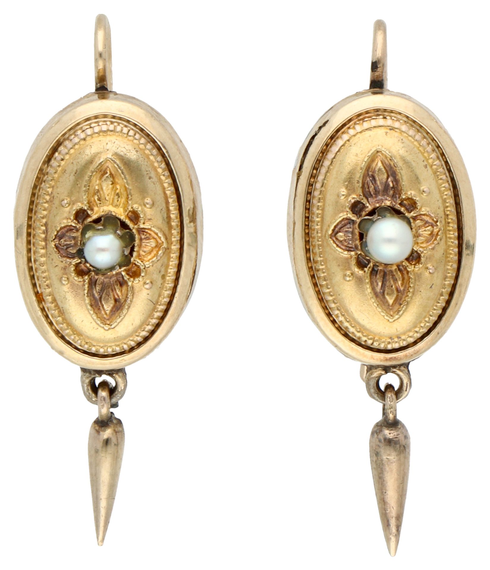 No Reserve - 14K Yellow gold dormeuses with pampel and cultivated pearl.