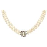 No Reserve - Two-row cultured pearl necklace with 14K white gold clasp.