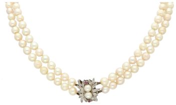 No Reserve - Two-row cultured pearl necklace with 14K white gold clasp.