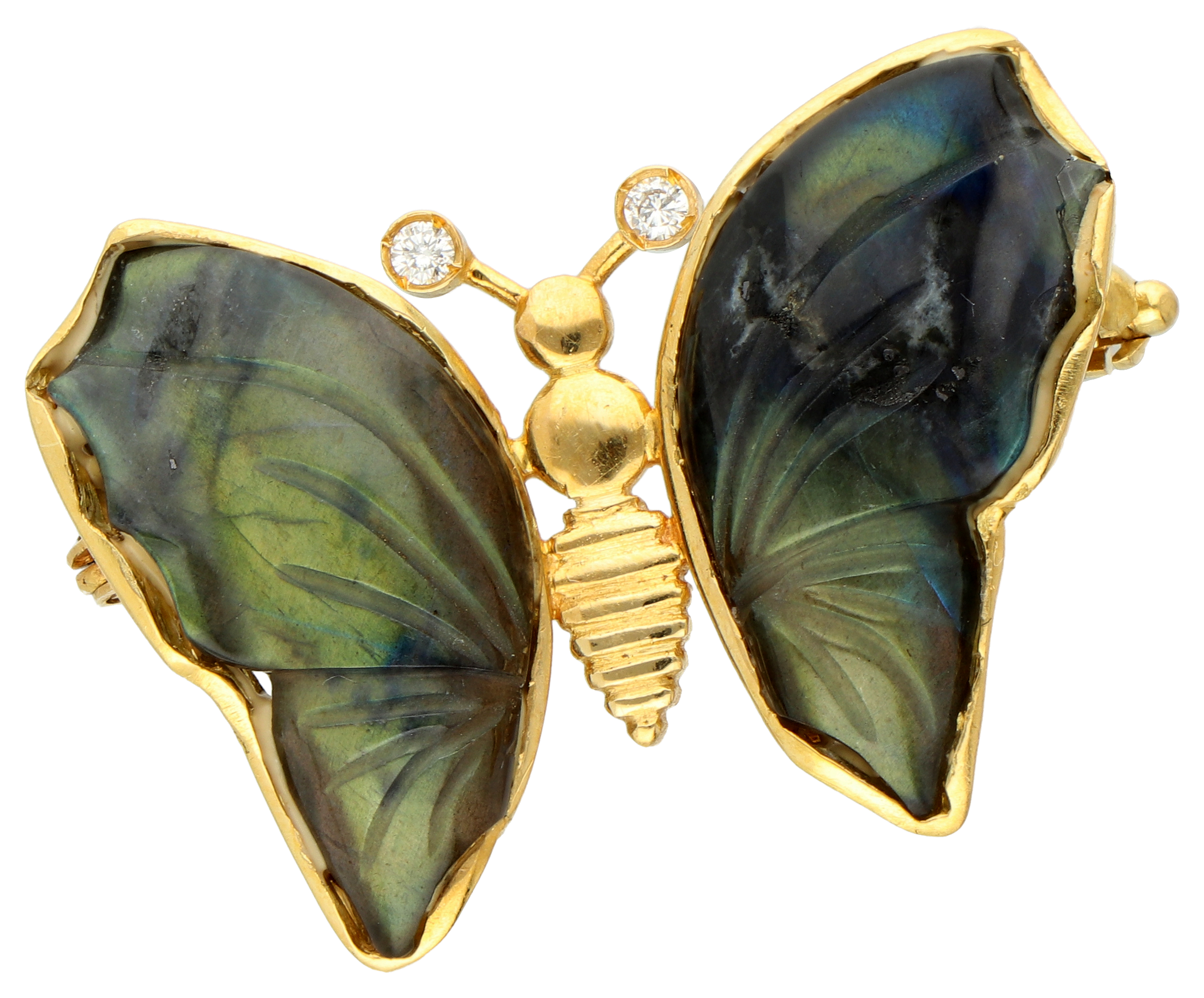 No Reserve -  18K Yellow gold butterfly brooch set with labradorite as iridescent wings.