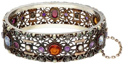 No Reserve - Silver vintage bangle bracelet with gold details and various gemstones.