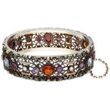 No Reserve - Silver vintage bangle bracelet with gold details and various gemstones.