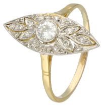 No Reserve - 14K Bicolour gold Art Deco marquise ring set with approx. 0.20 ct. diamond.
