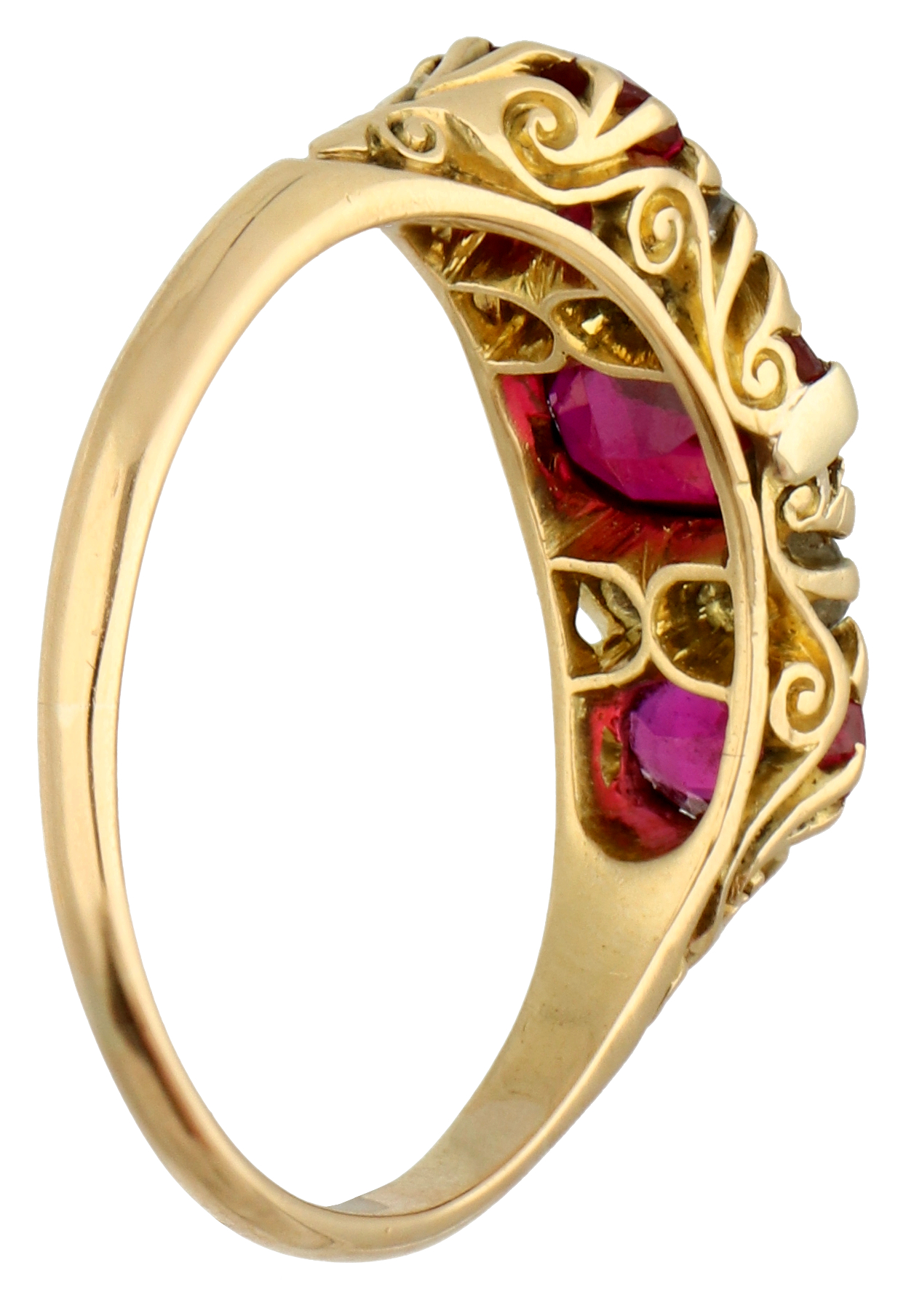 No Reserve - 18K Yellow gold English three-stone ring set with synthetic ruby ​​and old cut diamond. - Image 2 of 4